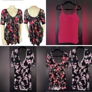 Lot of 3-Torrid 2 Floral Babydoll Hi-Lo Tunics Size 00 & 1 Red Strappy Tank Sz 3